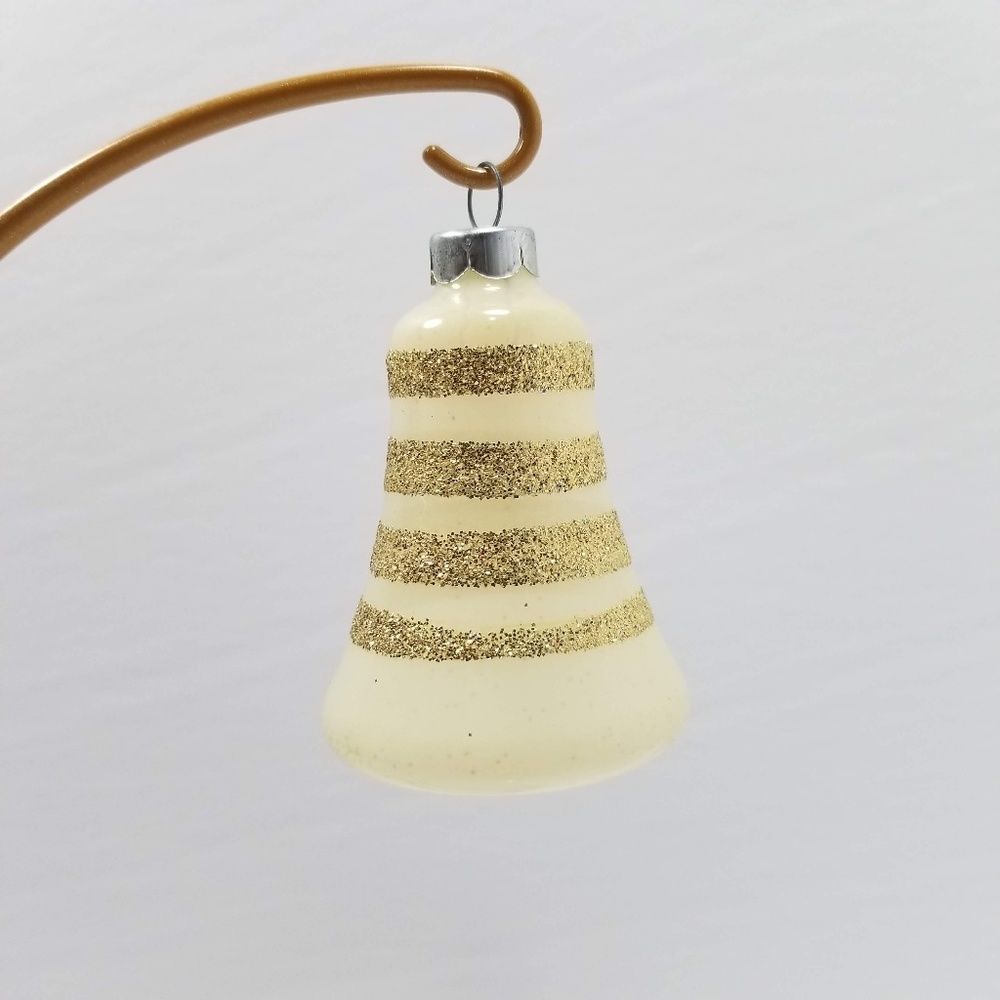 Vintage Bell Xmas Ornament Blown Glass Cream Gold